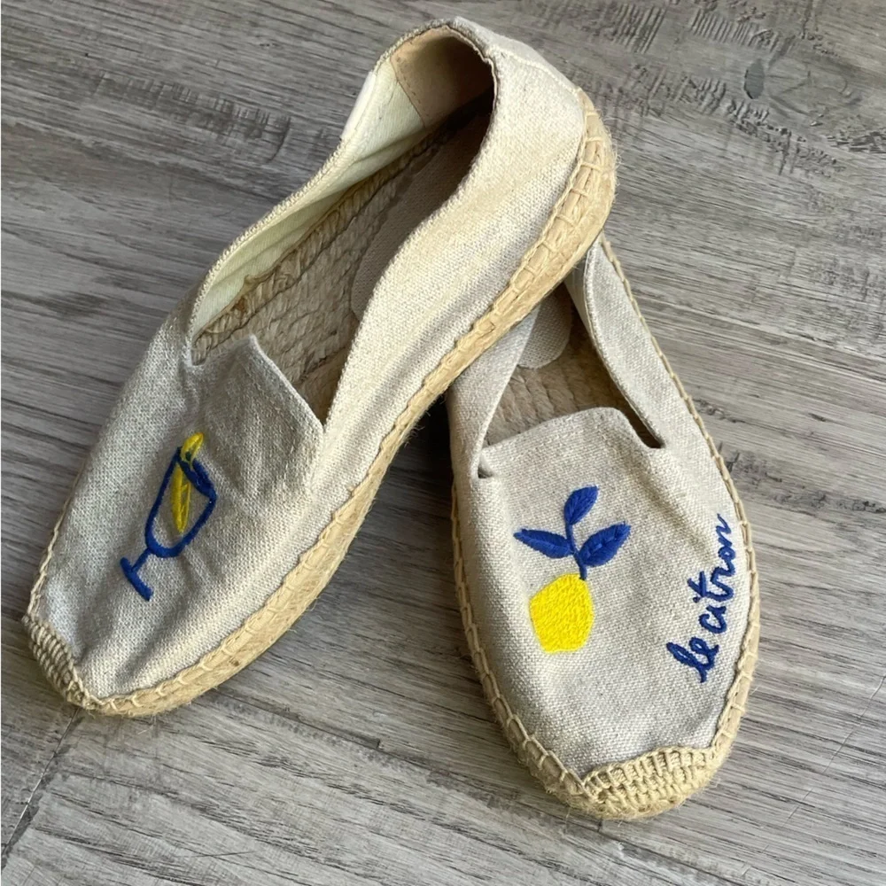 Soludos Limoncello Smoking Espadrille In Sand/Tan  “Le Citron” Embroidery SZ 6